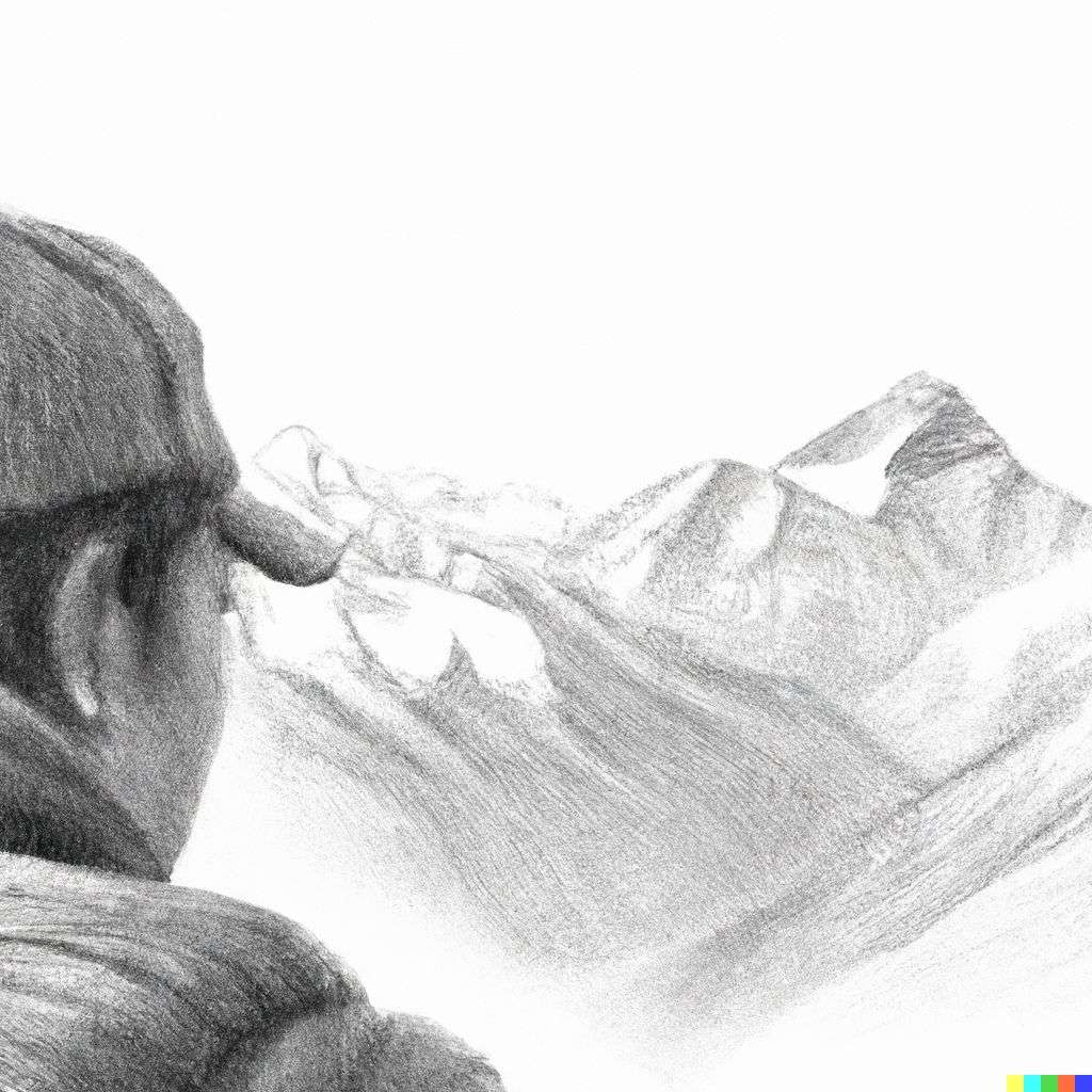 someone gazing at Mount Everest, detailed pencil sketch